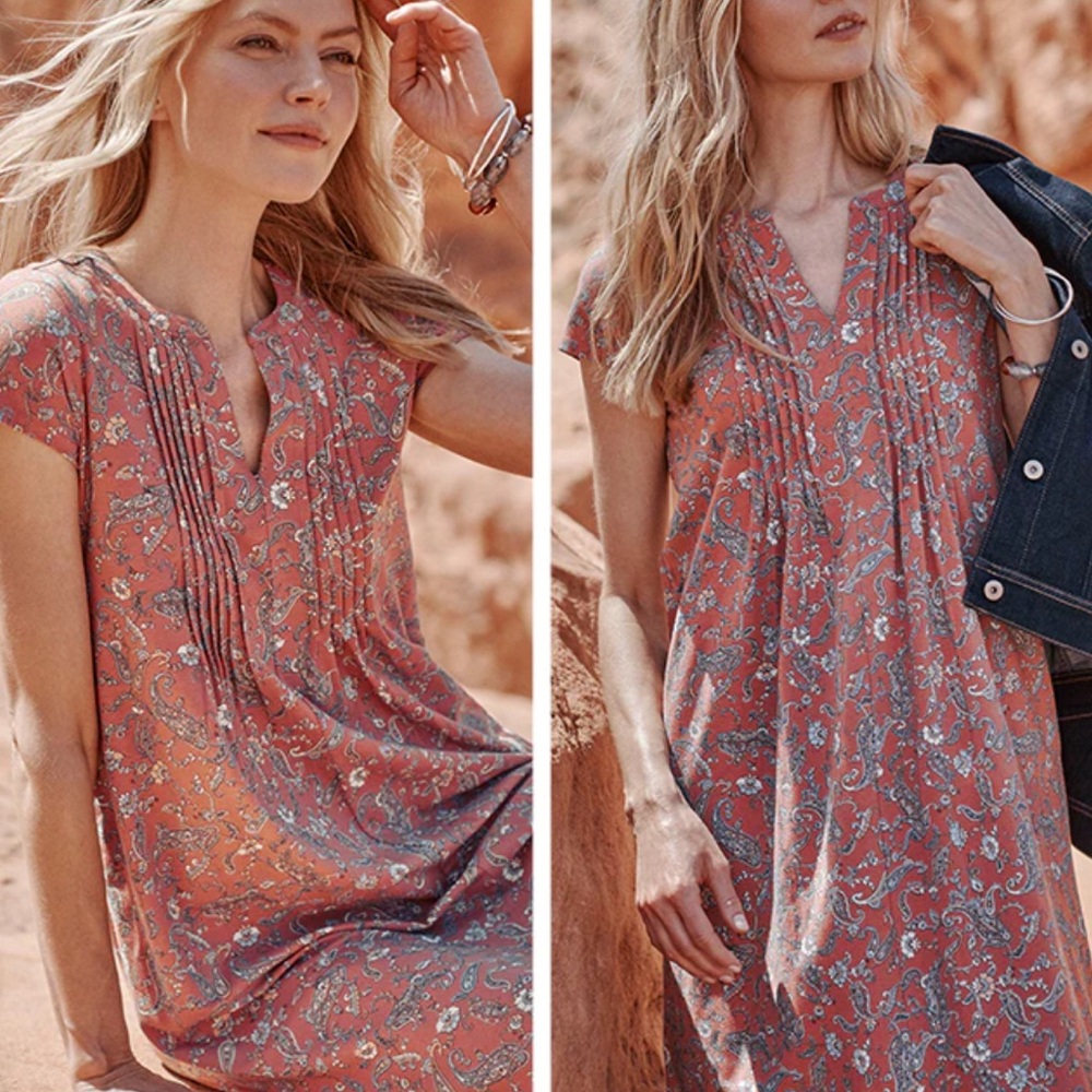 J.Jill Red Rocks Paisley Pintucked Dress Dark Peach Sunset Size Large